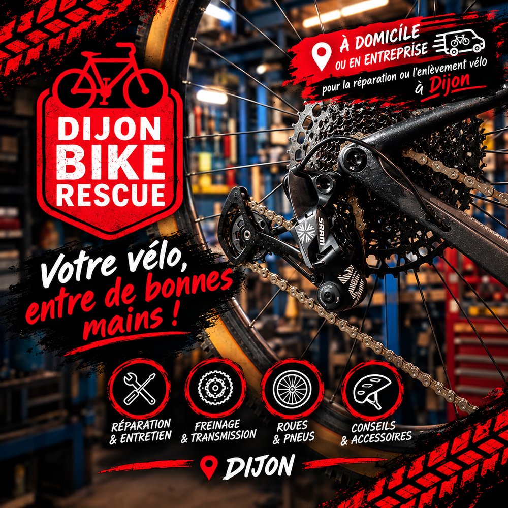 Affiche Dijon Bike Rescue : votre vélo, entre de bonnes mains. Réparation à domicile ou en entreprise à Dijon.